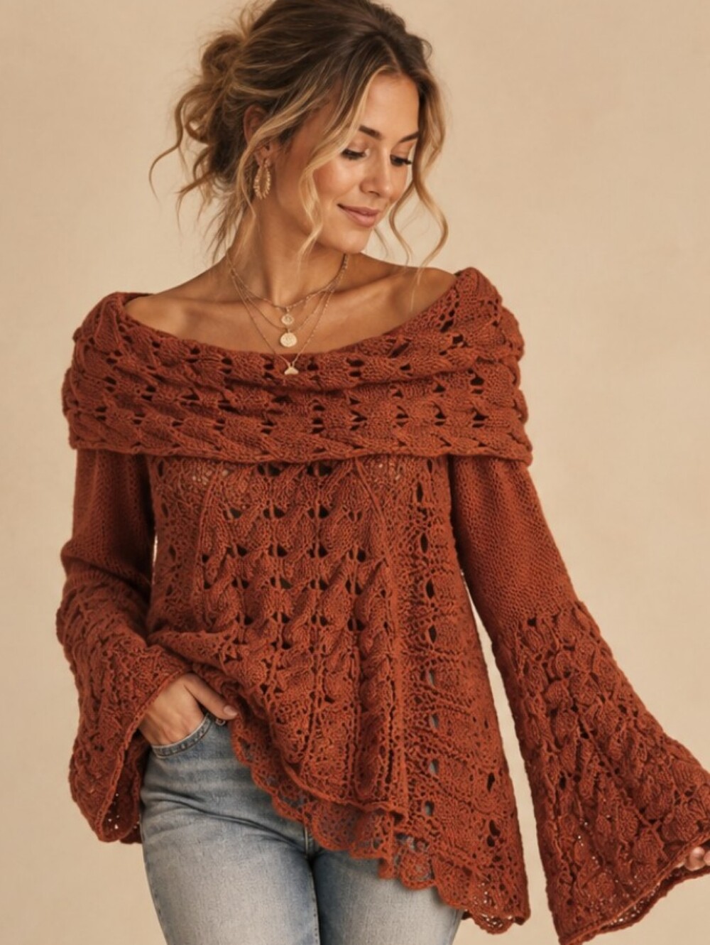 Free People Rust Open Knit Bell Sleeve Off/On Shoulder Boho Sweater